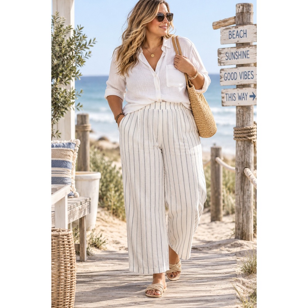 Old Navy Taylor Wide Leg Trouser Womens 4X White Gray Striped Linen Blend